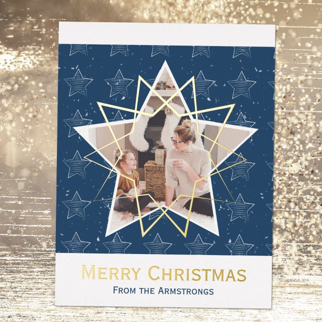 Modern Blue Foil Stars Merry Christmas Photo Foil Holiday Postcard (Modern Blue Foil Stars Merry Christmas Photo Foil Holiday Postcard ©Susanne Sachers - Sunny Mind)