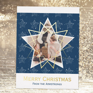 Modern Blue Foil Stars Merry Christmas Photo Holiday Postcard