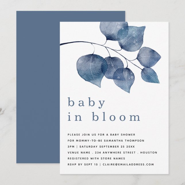 Modern Blue Foliage Baby In Bloom Shower  Invitation (Front/Back)