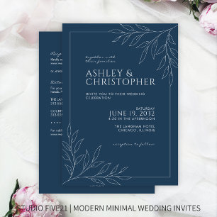 Modern Blue Foliage Outline All-in-One Wedding Invitation