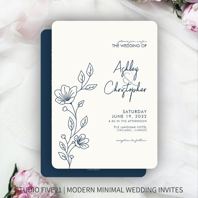 Modern Blue Foliage Outline All-in-One Wedding Invitation (Creator Uploaded)