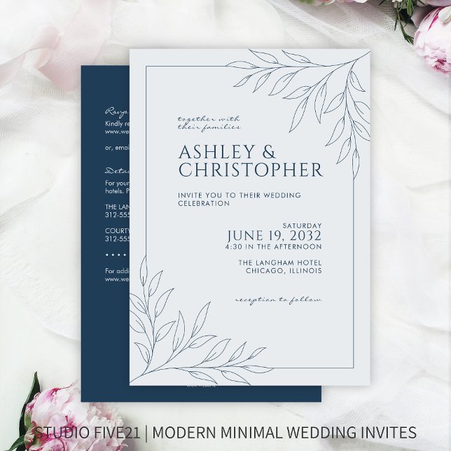 Modern Blue Foliage Outline All-in-One Wedding Invitation (Creator Uploaded)