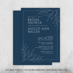 Modern Blue Foliage Outline Wedding Bridal Shower Invitation