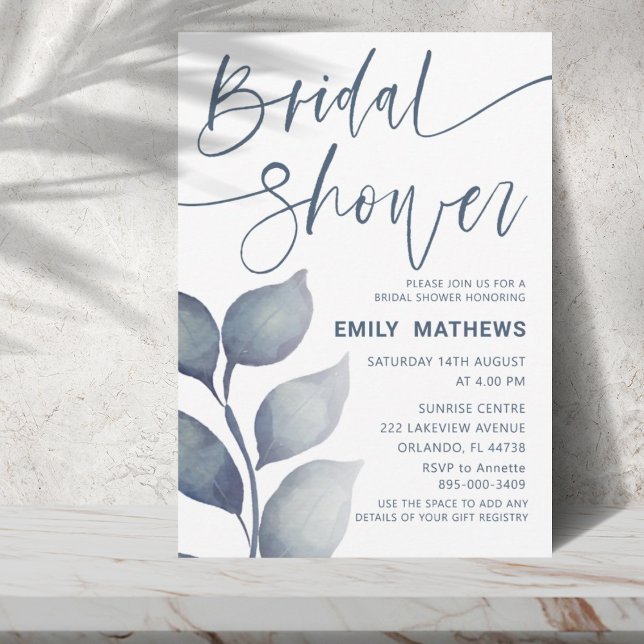 Modern Blue Foliage Watercolor Bridal Shower  Invitation (Creator Uploaded)