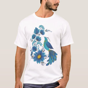 Modern Blue Folk Art Floral Bird Graphic T-Shirt
