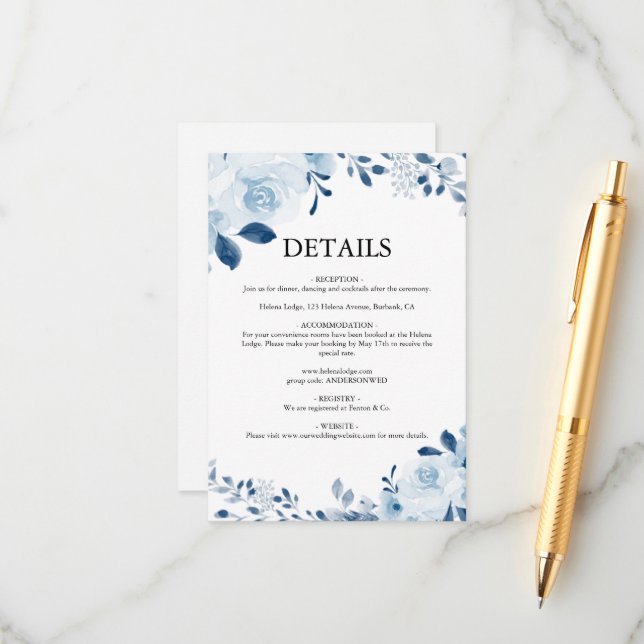 Modern Blue French Floral Wedding Enclosure Card (Front/Back In Situ)