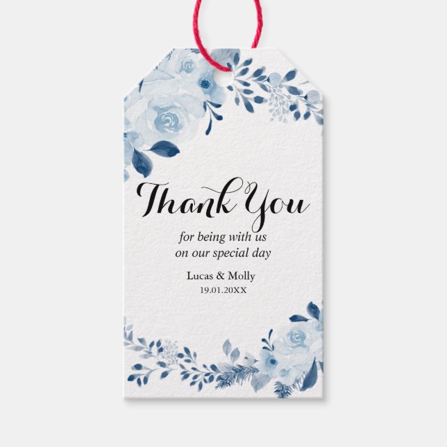 Modern Blue French Floral  Wedding Gift Tag (Front)