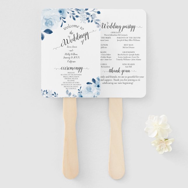 Modern Blue French Floral Wedding Hand Fan (Front and Back)