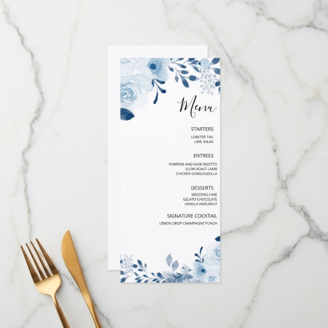 Modern Blue French Floral Wedding Menu (Front/Back In Situ)