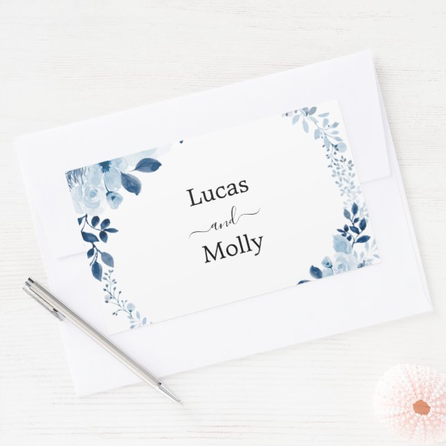 Modern Blue French Floral Wedding Rectangular Sticker (Envelope)