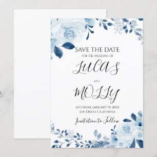 Modern Blue French Floral Wedding Save The Date