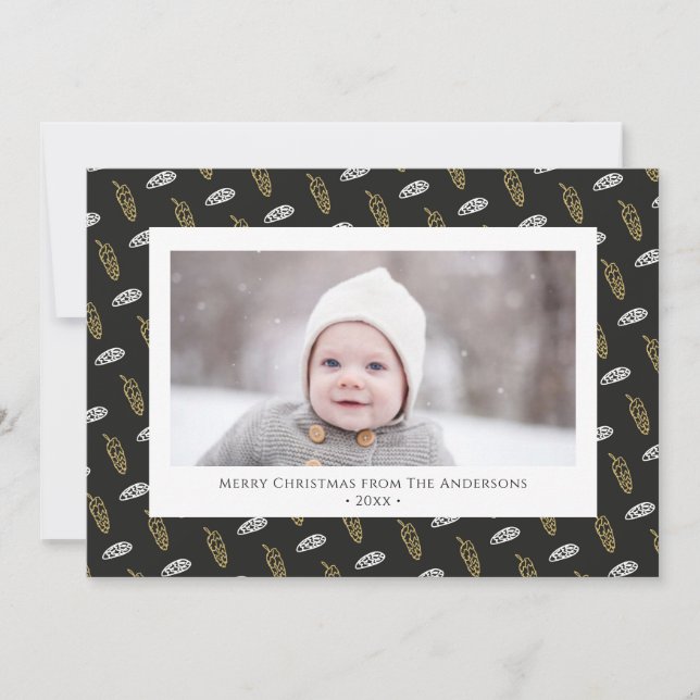 Modern Blue Fun Script Gold Pine Cone Christmas Holiday Card (Front)