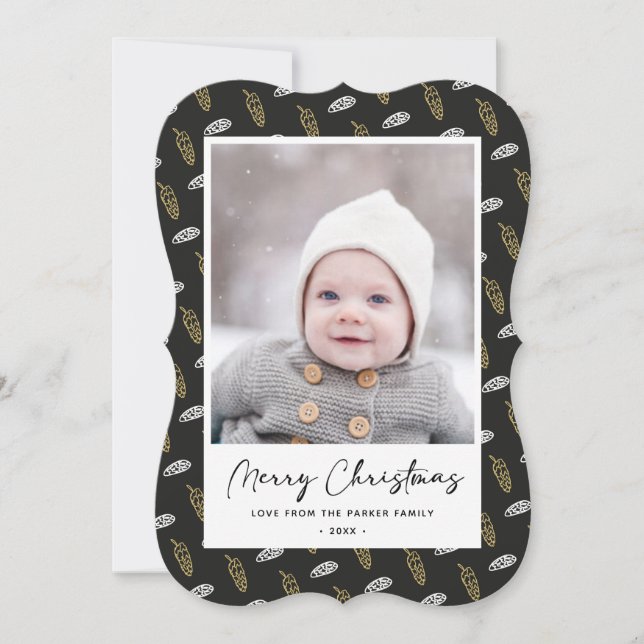 Modern Blue Fun Script Gold Pine Cone Christmas Holiday Card (Front)