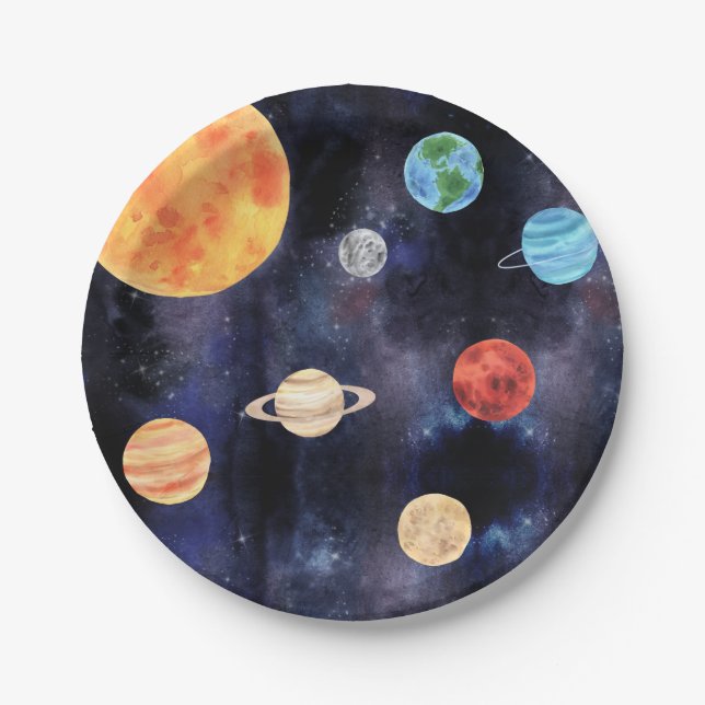 Modern Blue Galaxy Planets Space Paper Plate (Front)
