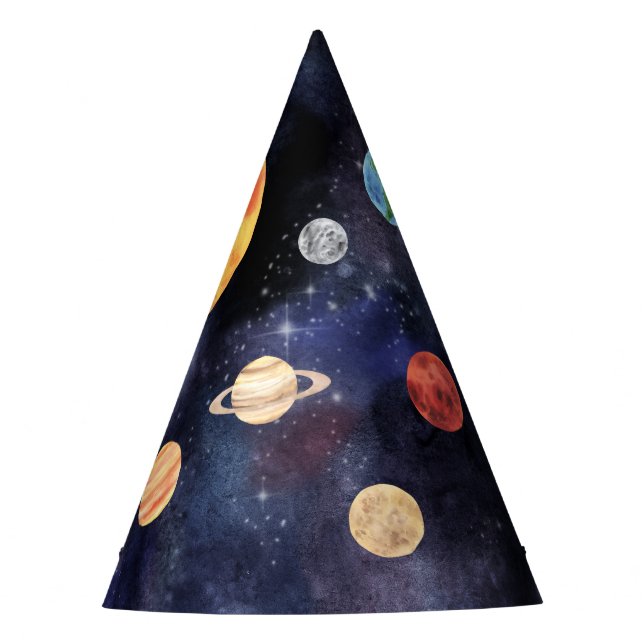 Modern Blue Galaxy Planets Space Party Hat (Front)