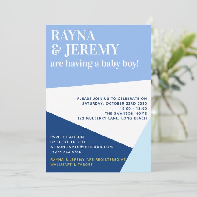 Modern Blue Geometric Boy Couple's Baby Shower Invitation (Standing Front)