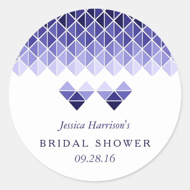 Modern Blue Geometric Love Hearts Bridal Shower Classic Round Sticker (Front)