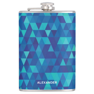 Modern Blue Geometric Pattern With Name Hip Flask