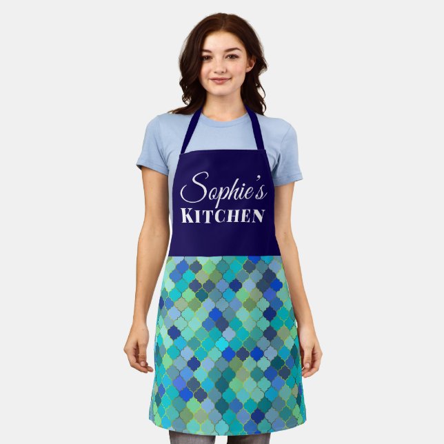 Modern Blue Geometric Personalized Kitchen Apron (Worn)
