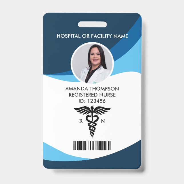 Modern Blue Geometric Registered Nurse Photo ID Badge (Front)
