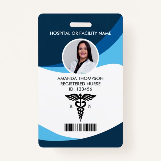 Modern Blue Geometric Registered Nurse Photo ID ID Badge (Front)