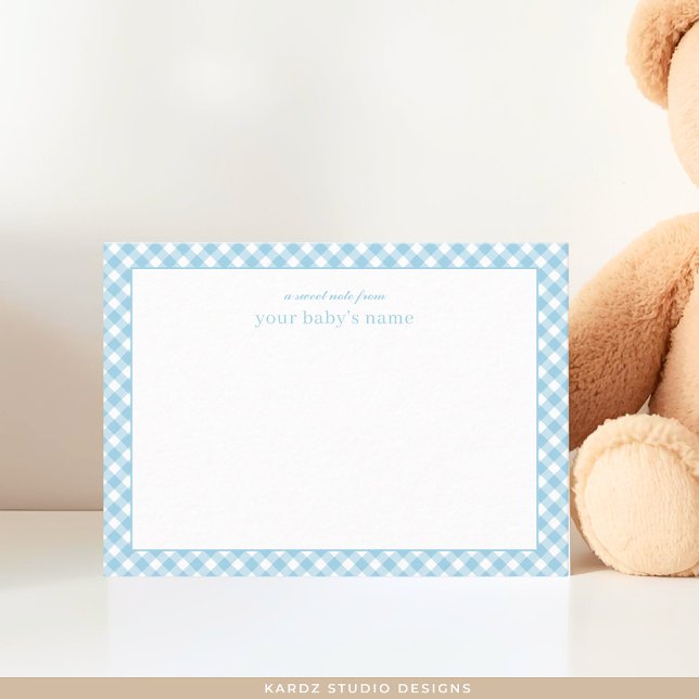 Modern Blue Gingham Baby Nursery Note Card (Baby note card shown in 3.5 x 2.5 inches. Add baby boy's name and choose the paper and corner style.)