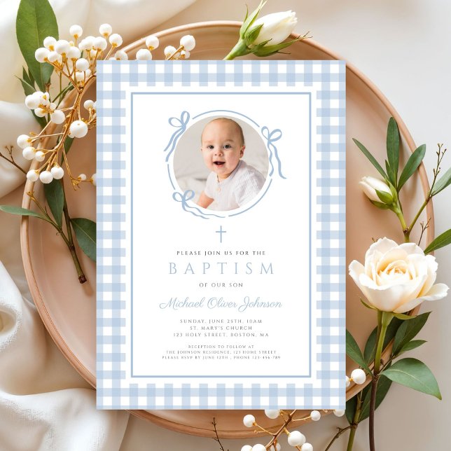 Modern Blue Gingham Bow Photo Boy Baptism Invitation (Modern Blue Gingham Bow Photo Boy Baptism Invitation)