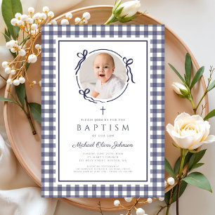 Modern Blue Gingham Photo Boy Baptism Invitation