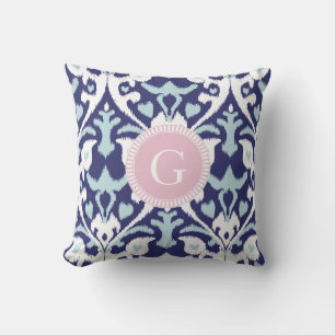 Modern blue girly ikat tribal pattern monogram cushion