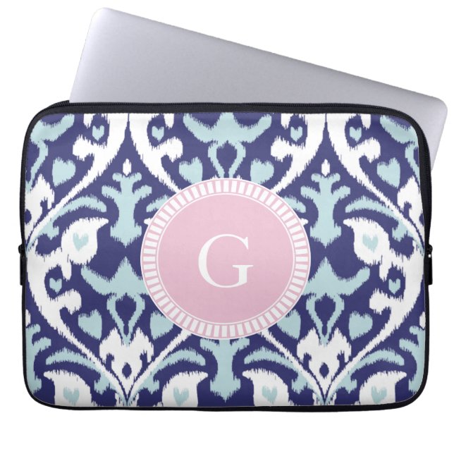 Modern blue girly ikat tribal pattern monogram laptop sleeve (Front)