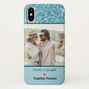 Modern Blue Glitter Custom Love Couple  Photo iPhone X Case