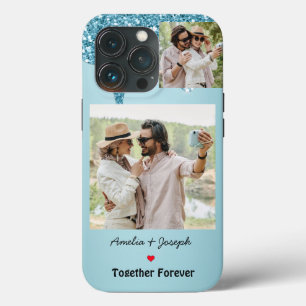 Modern Blue Glitter Custom Love Couple  Photo iPhone 13 Pro Case