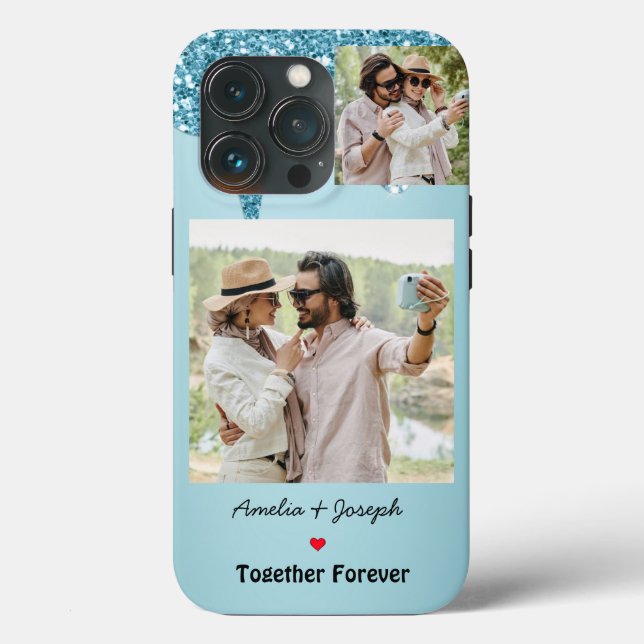 Modern Blue Glitter Custom Love Couple  Photo Case-Mate iPhone Case (Back)