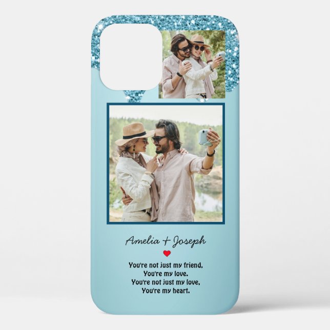 Modern Blue Glitter Custom Love Couple  Photo Case-Mate iPhone Case (Back)
