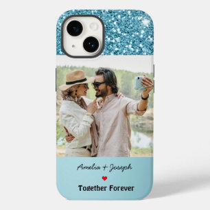 Modern Blue Glitter Custom Love Couple  Photo Case-Mate iPhone 14 Case