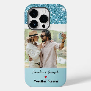 Modern Blue Glitter Custom Love Couple  Photo Case-Mate iPhone 14 Pro Case