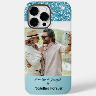 Modern Blue Glitter Custom Love Couple Photo Case-Mate iPhone 14 Pro Max Case