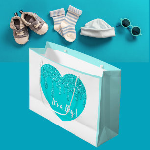 Modern Blue Glitter Heart Baby Shower It's a Boy  Large Gift Bag