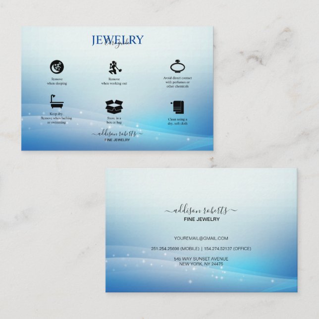 Modern Blue Glitter  Jewellery Care  Business Card (Front/Back)