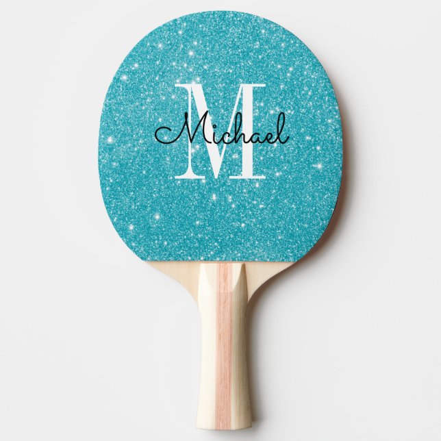 Modern Blue Glitter Monogram Personalised Name Ping Pong Paddle (Front)
