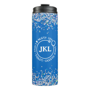 Modern Blue Glitter Monogram Stethoscope Nurse Thermal Tumbler