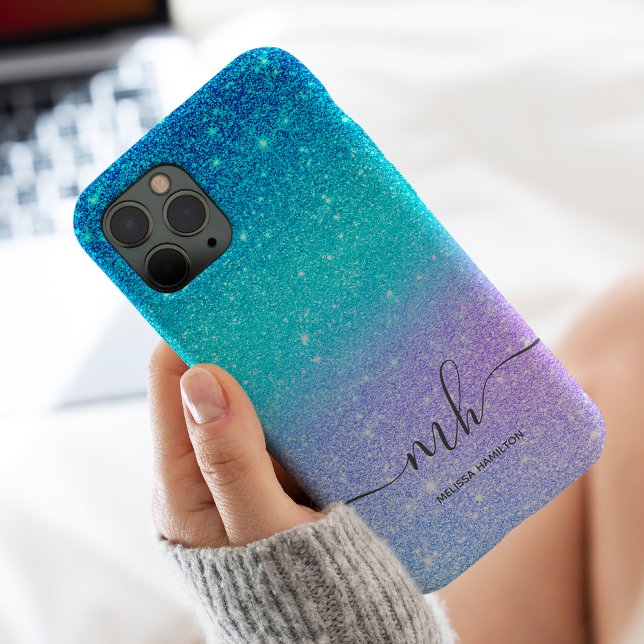 Modern blue glitter ombre purple chic monogrammed Case-Mate iPhone case (Creator Uploaded)