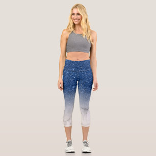 Modern Blue glitter ombre sparkles white marble Capri Leggings