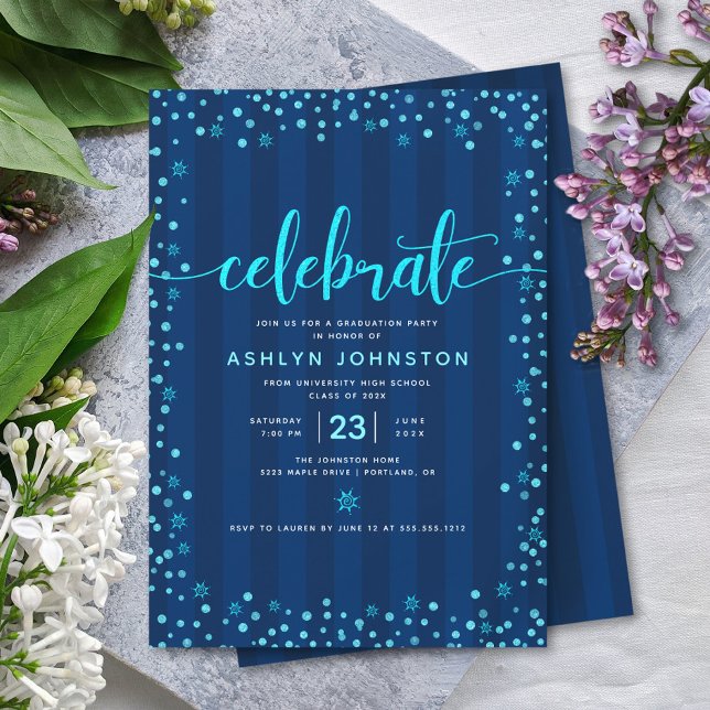 Modern blue glitter script chic girly graduation invitation (Creator Uploaded)
