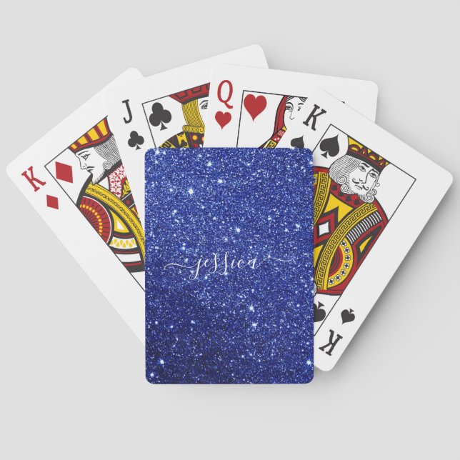 Modern blue glitter script name  playing cards (Back)