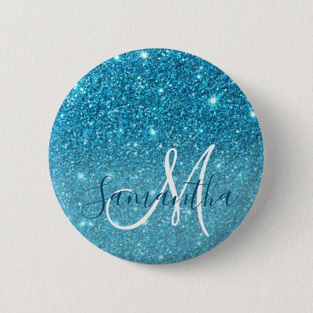 Modern Blue Glitter Sparkles Personalised Name 6 Cm Round Badge (Front)