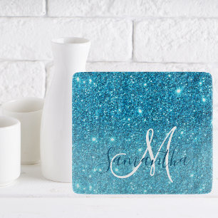 Modern Blue Glitter Sparkles Personalised Name Cutting Board
