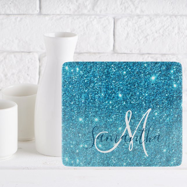Modern Blue Glitter Sparkles Personalised Name Cutting Board (Creator Uploaded)