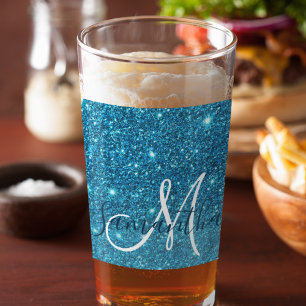 Modern Blue Glitter Sparkles Personalised Name Glass