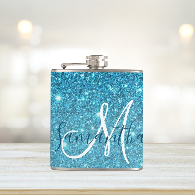 Modern Blue Glitter Sparkles Personalised Name Hip Flask (Creator Uploaded)